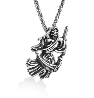 Grim Reaper Skeleton With 24 Chain Stainless Steel Pendant Necklace Skull
