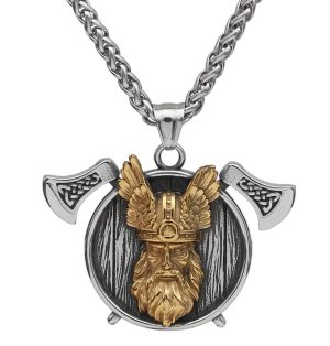 Odin Warrior Round Shield Pendant Stainless Steel Norse Viking Celtic Axe 6