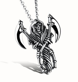 Titanium Death Grim Reaper Pendant With 24 Chain Stainless Steel Scythe Sickle Skull