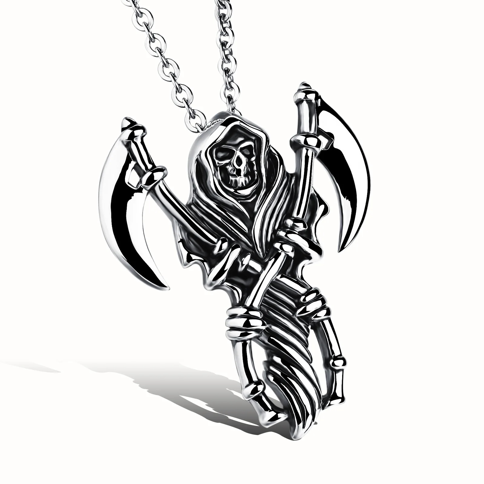 Titanium Death Grim Reaper Pendant With 24 Chain Stainless Steel Scythe Sickle Skull