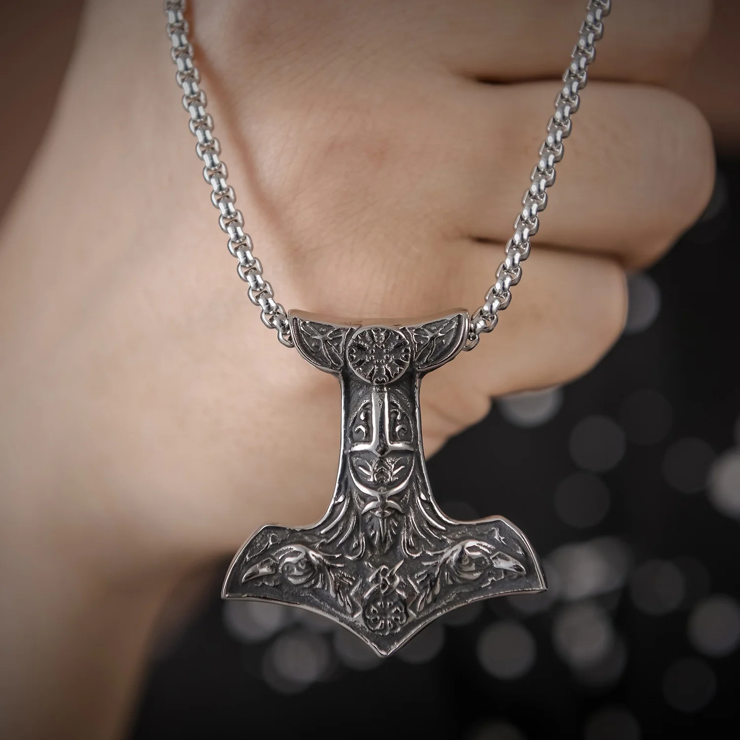Viking Mjolnir Pendant Raven Bird Symbol With 24 Chain Thor Hammer Stainless Steel 6