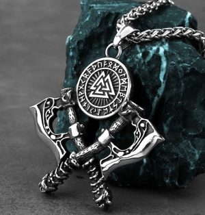 Viking Valknot Pendant Stainless Steel With 24 Chain Vintage Double Axe Nordic