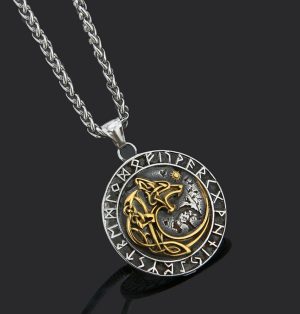 Viking Wolf Pendant Engraved Rune Letters Stainless Steel Amulet With 24 Chain Necklace