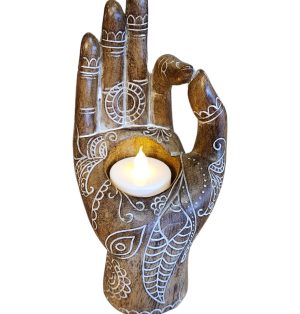 Mudra Hand Sculpture 7" Brown Candle Holder Tea Light Buddha Hand