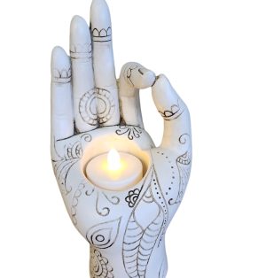 Mudra Hand Sculpture 7" White Candle Holder Tea Light Buddha Hand